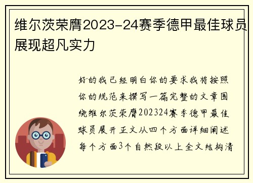 维尔茨荣膺2023-24赛季德甲最佳球员展现超凡实力