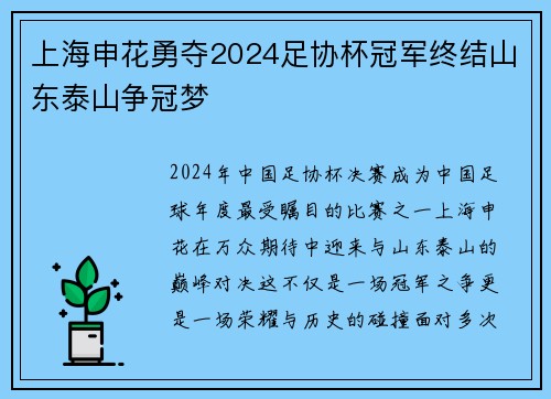 上海申花勇夺2024足协杯冠军终结山东泰山争冠梦